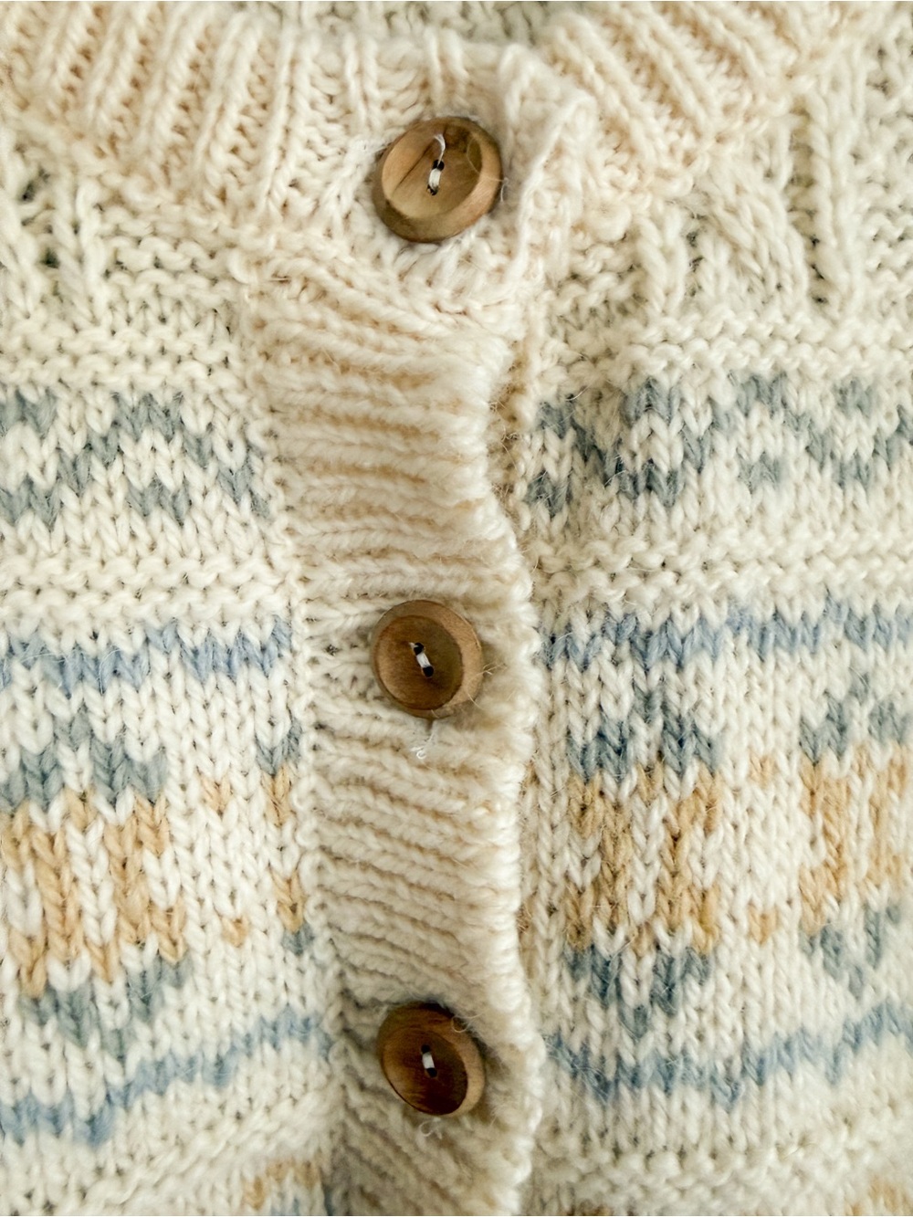 Moffat Woolens Virgin Wool Fair Isle Button-Up Cardigan - Cream & Pale Blue - Picture 2 of 5